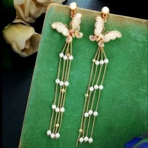 Pearl Diamond Embellished Tassel Butterfly Earrings 14k Gold